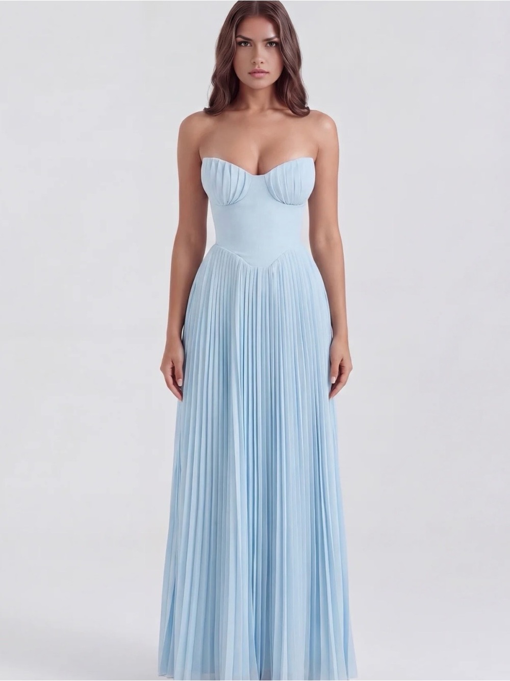 Strapless Pleated Maxi Dress in Pale Blue
